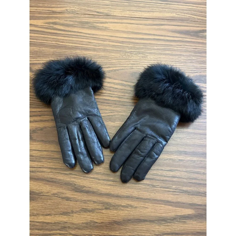 Genuine leather black lined gloves with faux fur trim size Medium
